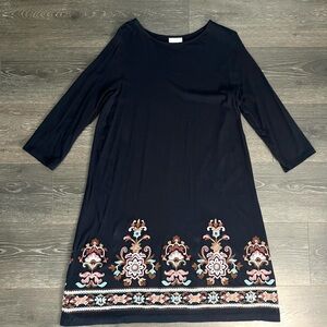 J JILL Women Dress  Blue Embroidered‎ Floral Hem 3/4 Sleeve Medium Stretch Boho